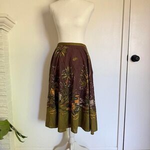 Good Clothes brown and green tropical print cotton midi skirt with palm trees